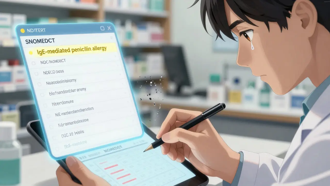 A pharmacist reviewing a precise medical picklist while outdated drug warnings fade away, highlighting the importance of accurate allergy data.