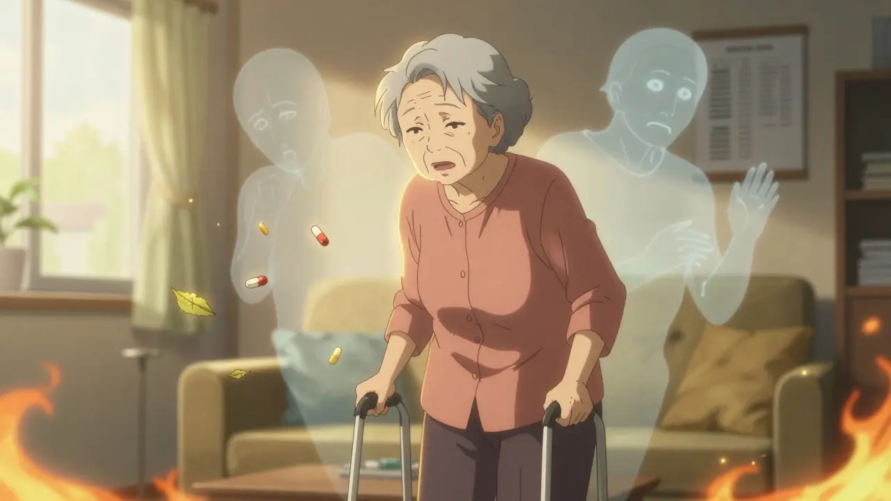 An elderly woman stands tall without a cane as discarded pills float away in golden light, side effects dissolving into mist around her.