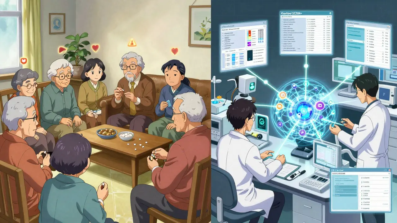 Elderly patients with warning symbols and a lab analyzing health data through a neural network labeled Sentinel SCDM+.