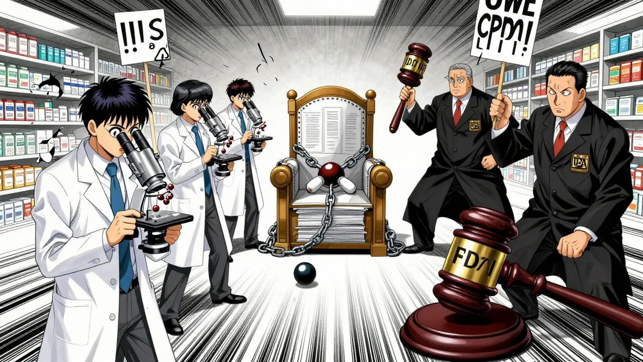 Lawyers and scientists facing off over a chained drug molecule surrounded by hundreds of patent documents, in dynamic anime style.