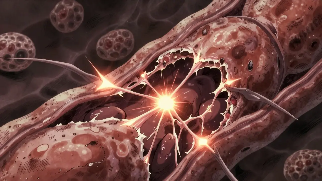 Microscopic view of collagen fibers snapping inside human tissue.