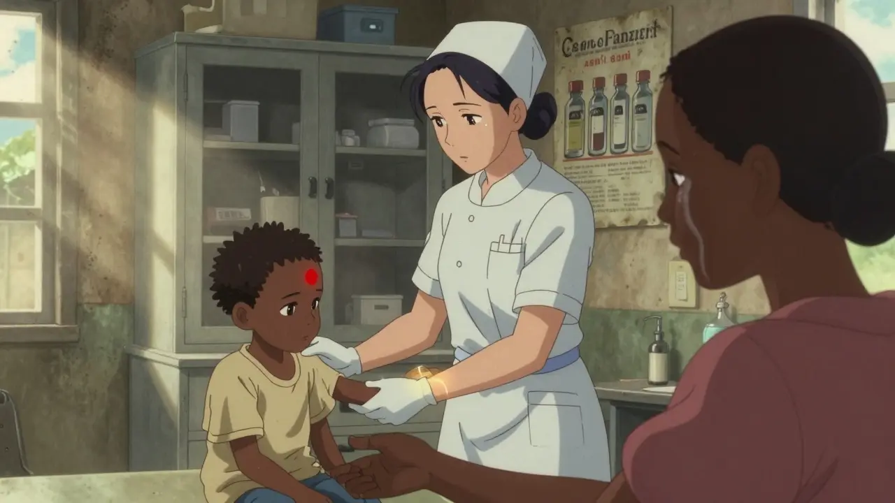 Nurse holding a feverish child in a rural Kenyan clinic, empty medicine cabinet behind her.