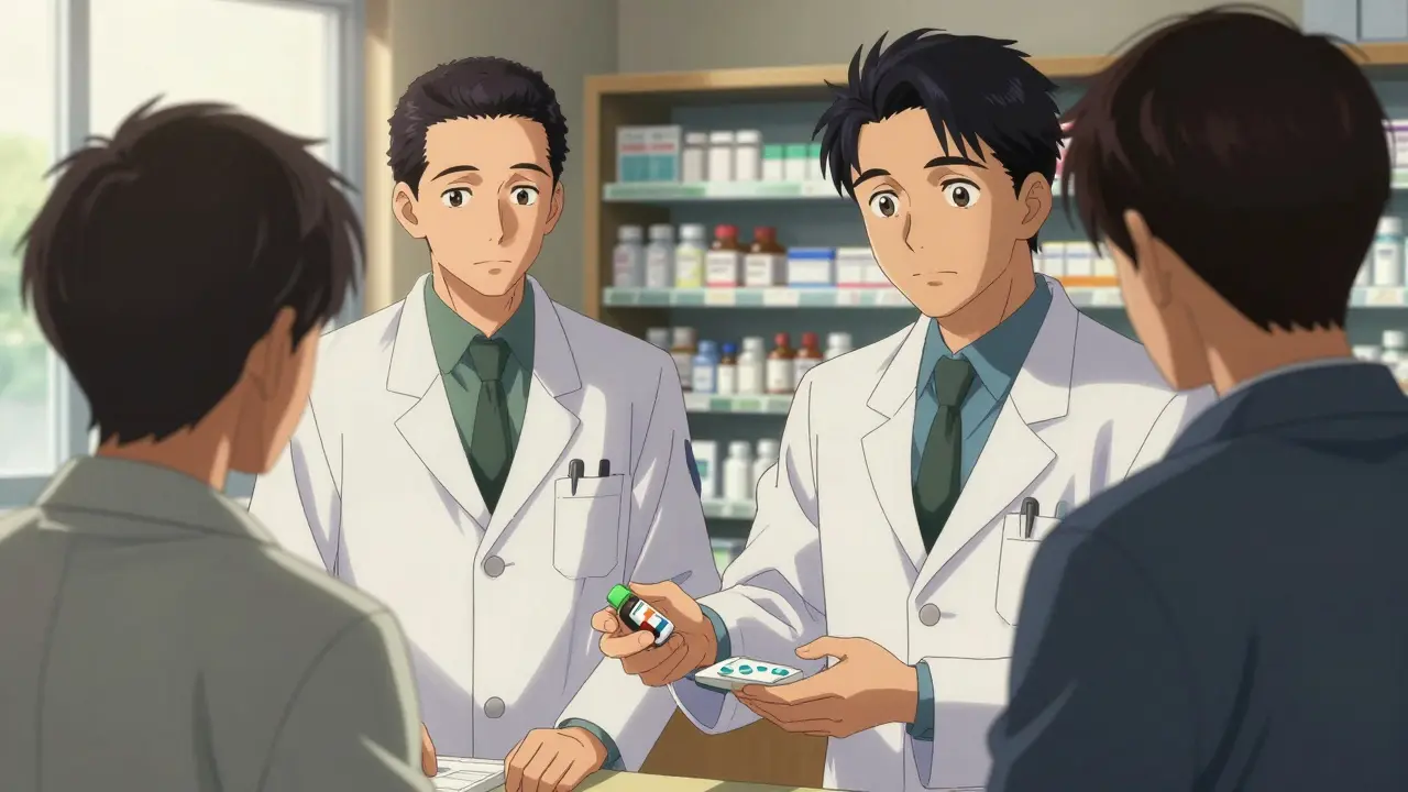 Patient consulting pharmacist about safe medication options.