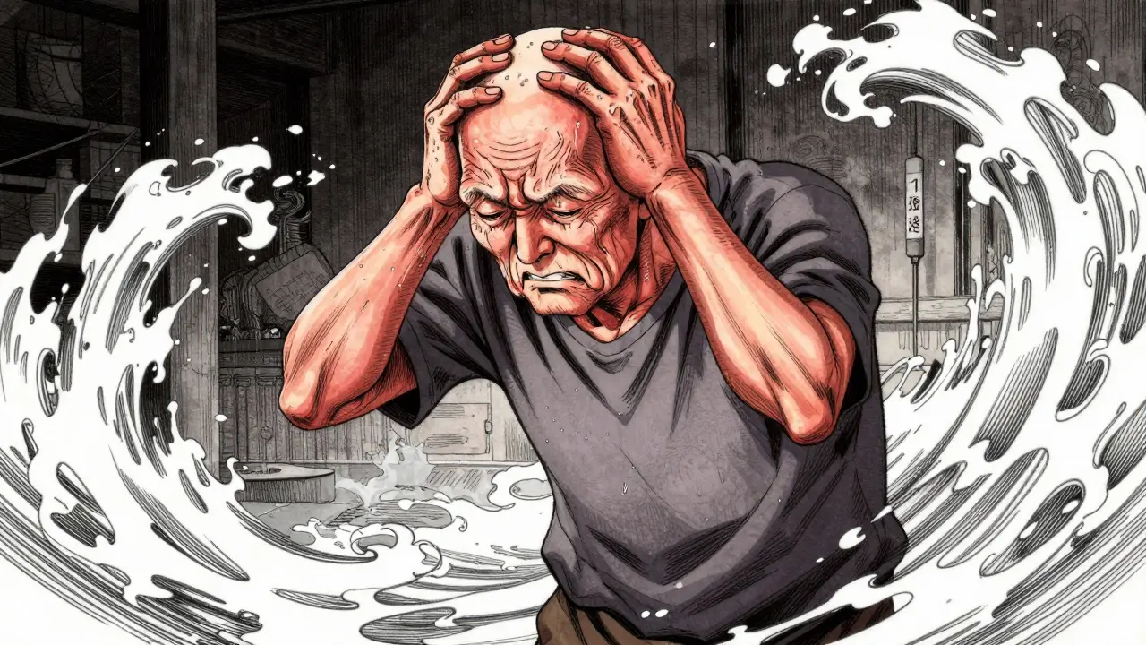 Person clutching head in dizziness, manga art style.