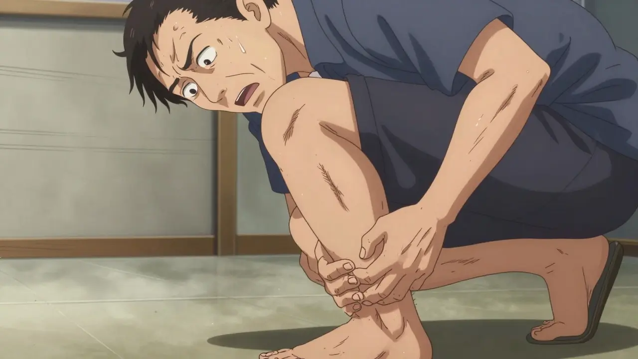 Person clutching injured ankle in sudden pain with shocked expression.