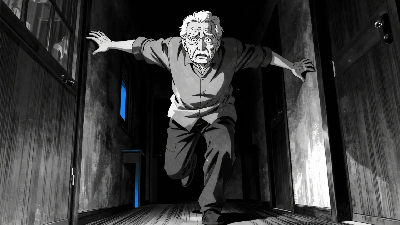 Person stumbling in dark hallway trying to balance