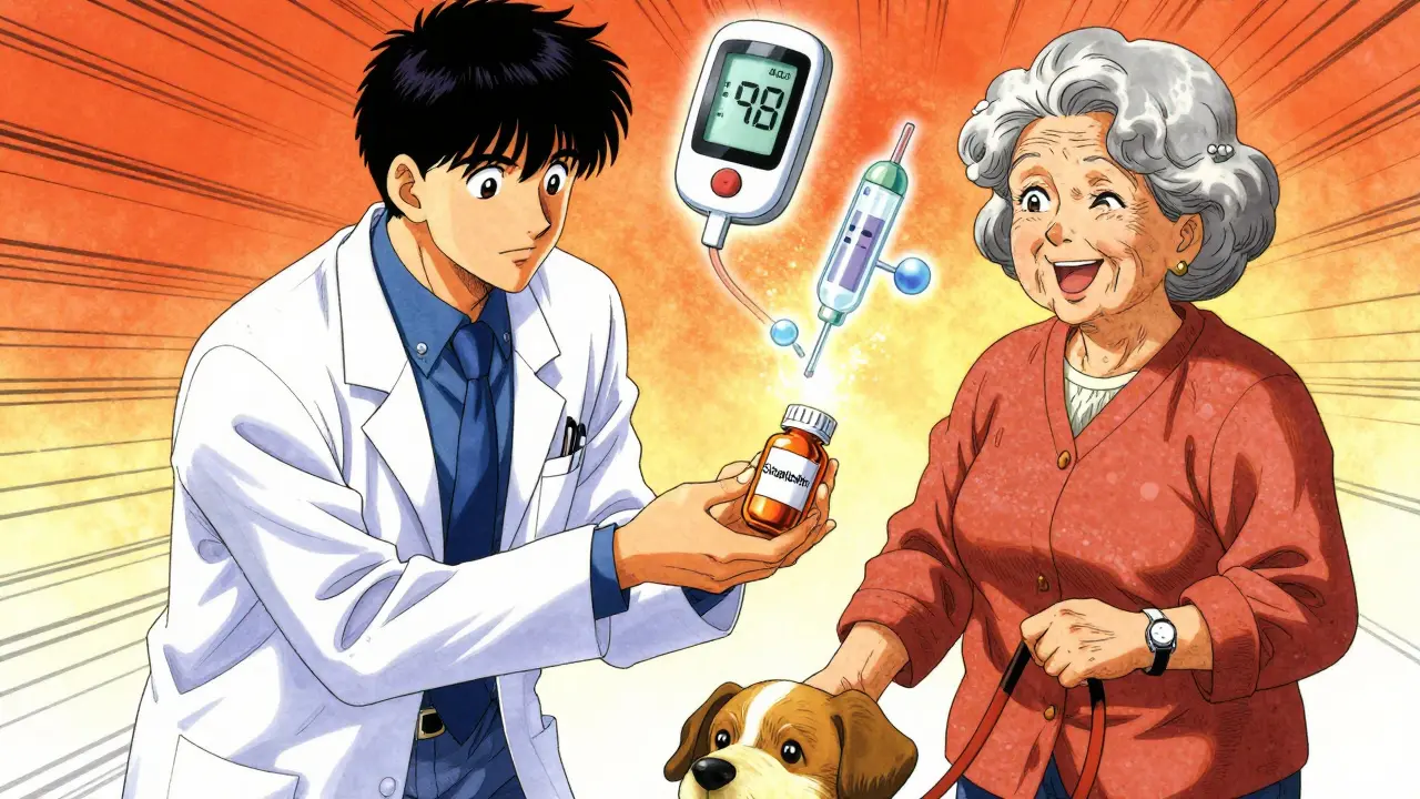 Senior woman receiving safer diabetes medication from a pharmacist, holding her dog, with medical symbols fading away behind her.