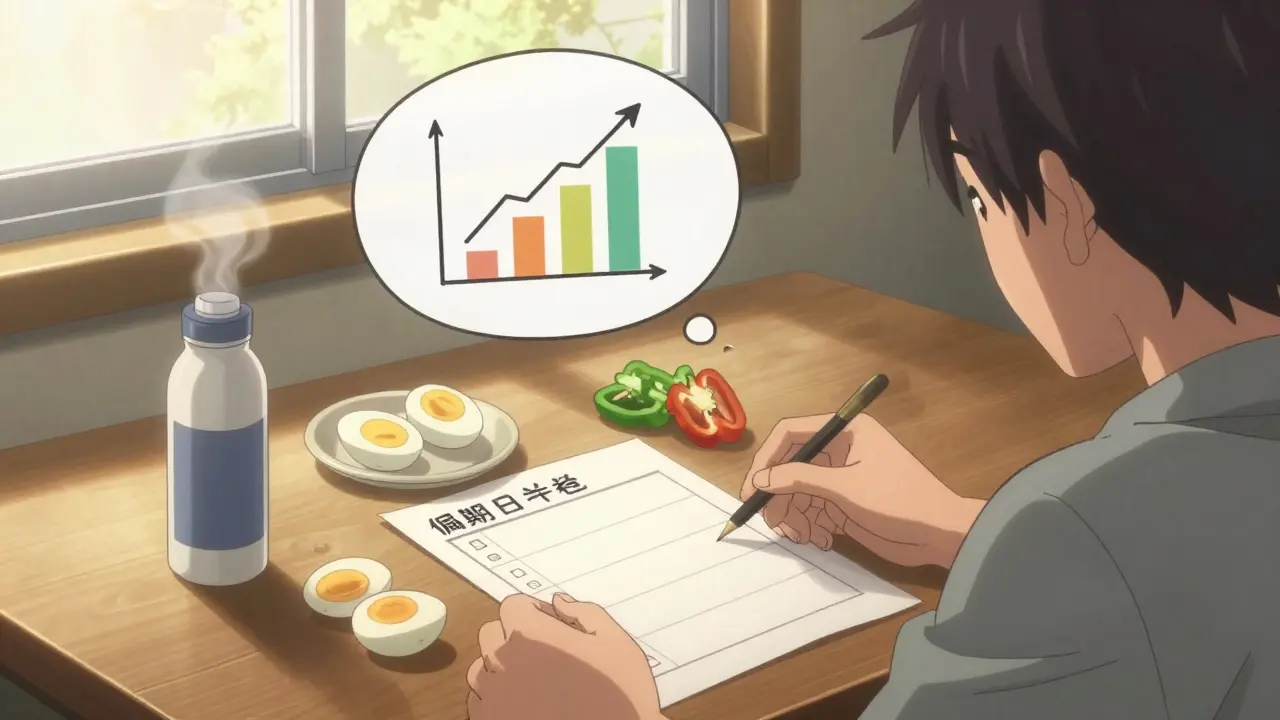 Someone preparing planned meals at dawn with eggs, veggies, and a water bottle.