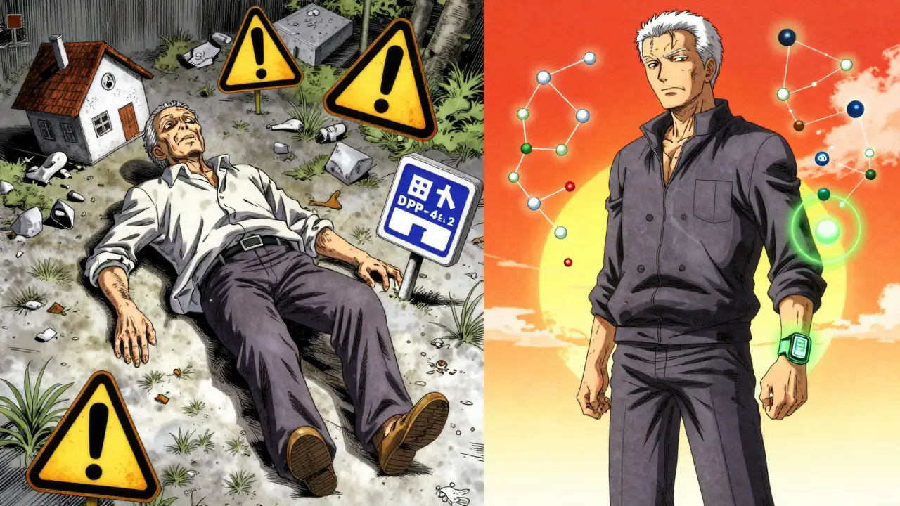 Split scene: frail senior collapsing vs. same person walking safely with a glowing CGM, symbolizing improved health and safety.