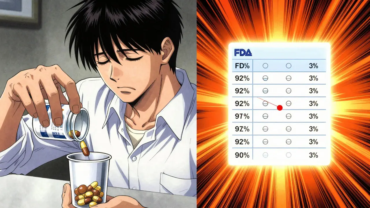 Split scene: patient dropping a generic pill on one side, FDA algorithm linking it to manufacturer on the other.