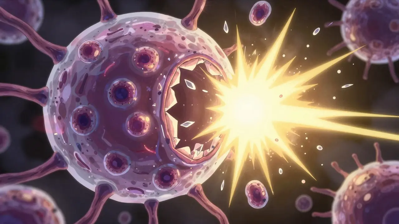 A bacterial cell wall bursting and exploding after being pierced by crystalline antibiotic shards.