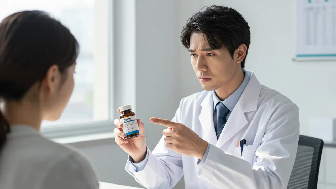 A doctor and patient discussing medication and supplement labels in a bright medical office.