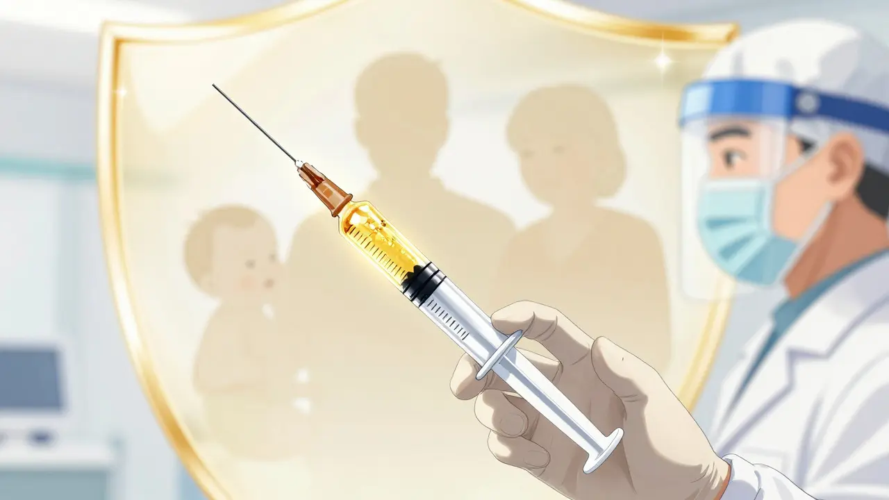 A glowing medical syringe and a golden protective aura around a baby and a senior.