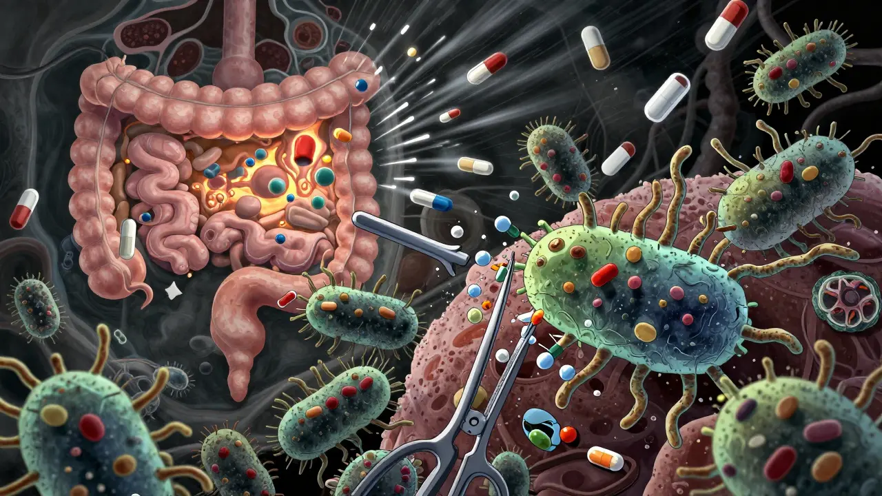 Bacteria developing shields and enzymes to destroy antibiotics within a glowing gut microbiome.