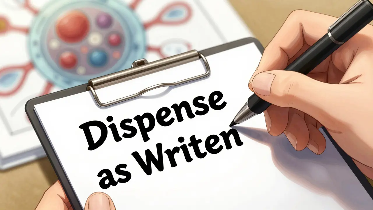 Close-up of a doctor writing Dispense as Written on a prescription pad