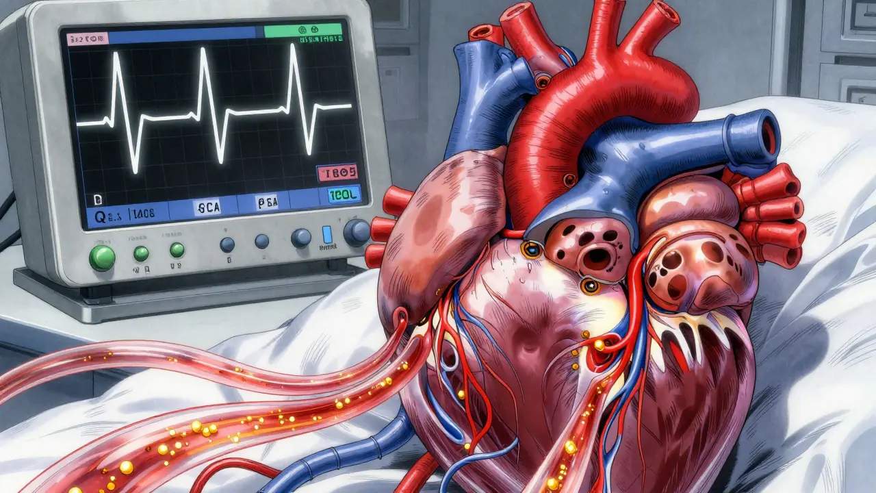 Detailed anatomical view of a heart and liver with an ECG monitor showing heart rhythm.