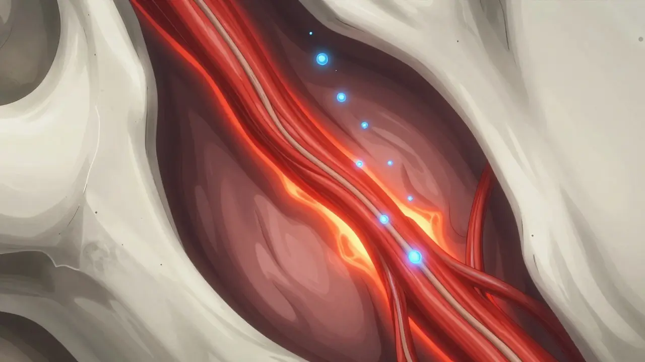 Detailed anatomical view of an inflamed facial nerve being treated by corticosteroids.