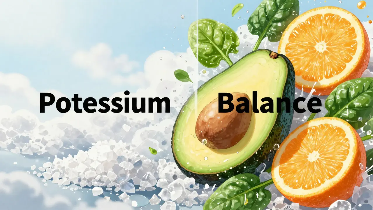 Detailed arrangement of potassium-rich foods like avocado and spinach in Boichi anime style.