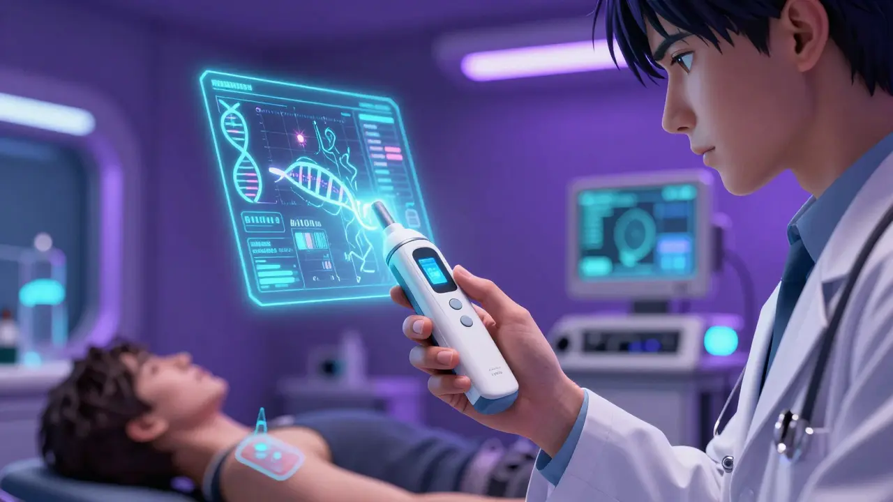 Doctor using a futuristic handheld medical device to monitor drug levels in a clinic.