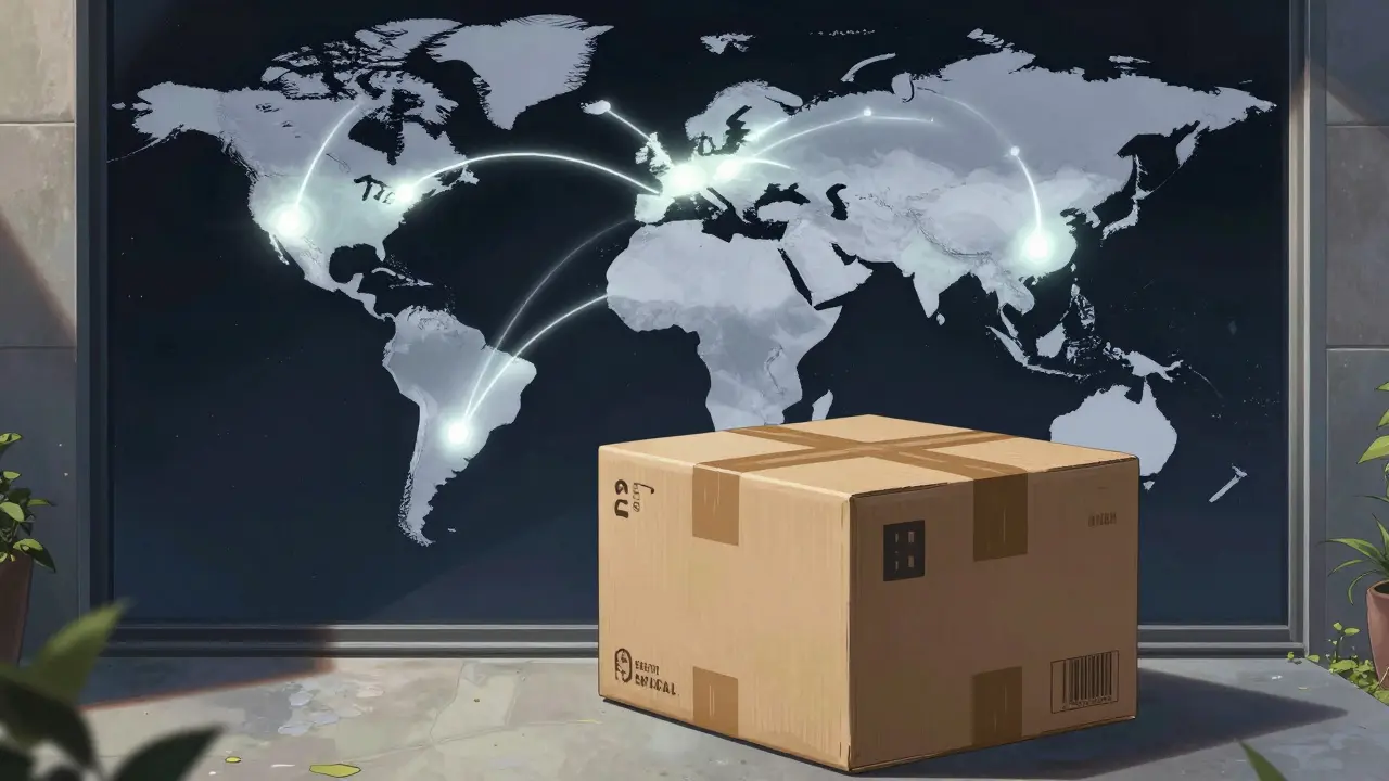 Global shipping network with a medical package arriving at a home.