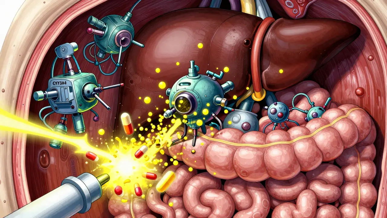 Microscopic view of CYP3A4 enzymes breaking down medication in a detailed anatomical anime style.