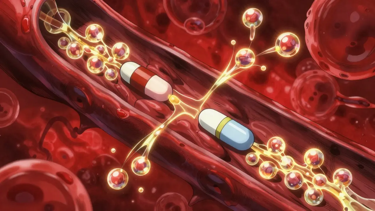Microscopic view of identical drug molecules flowing through a bloodstream to show bioequivalence