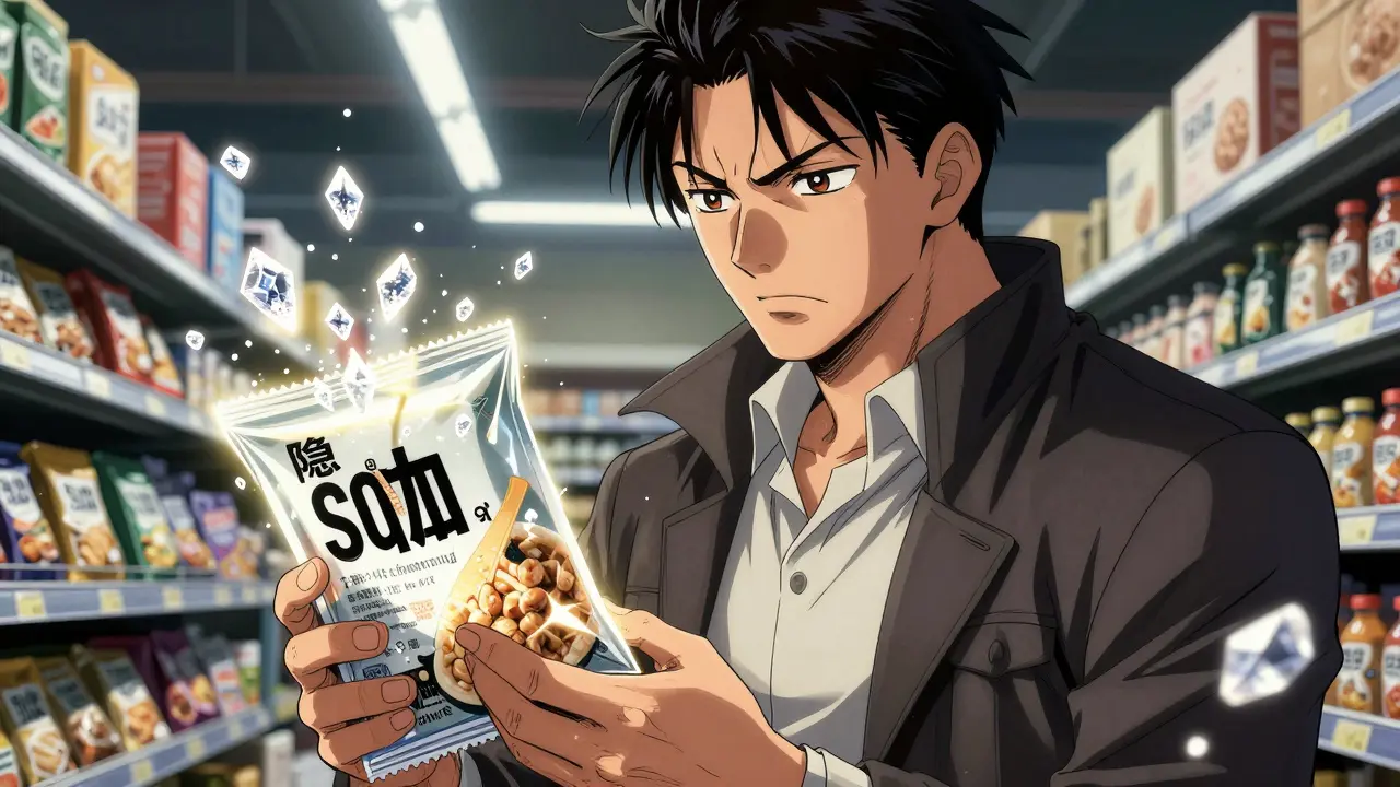 Person analyzing food labels with glowing salt crystals representing hidden sodium in Boichi style.