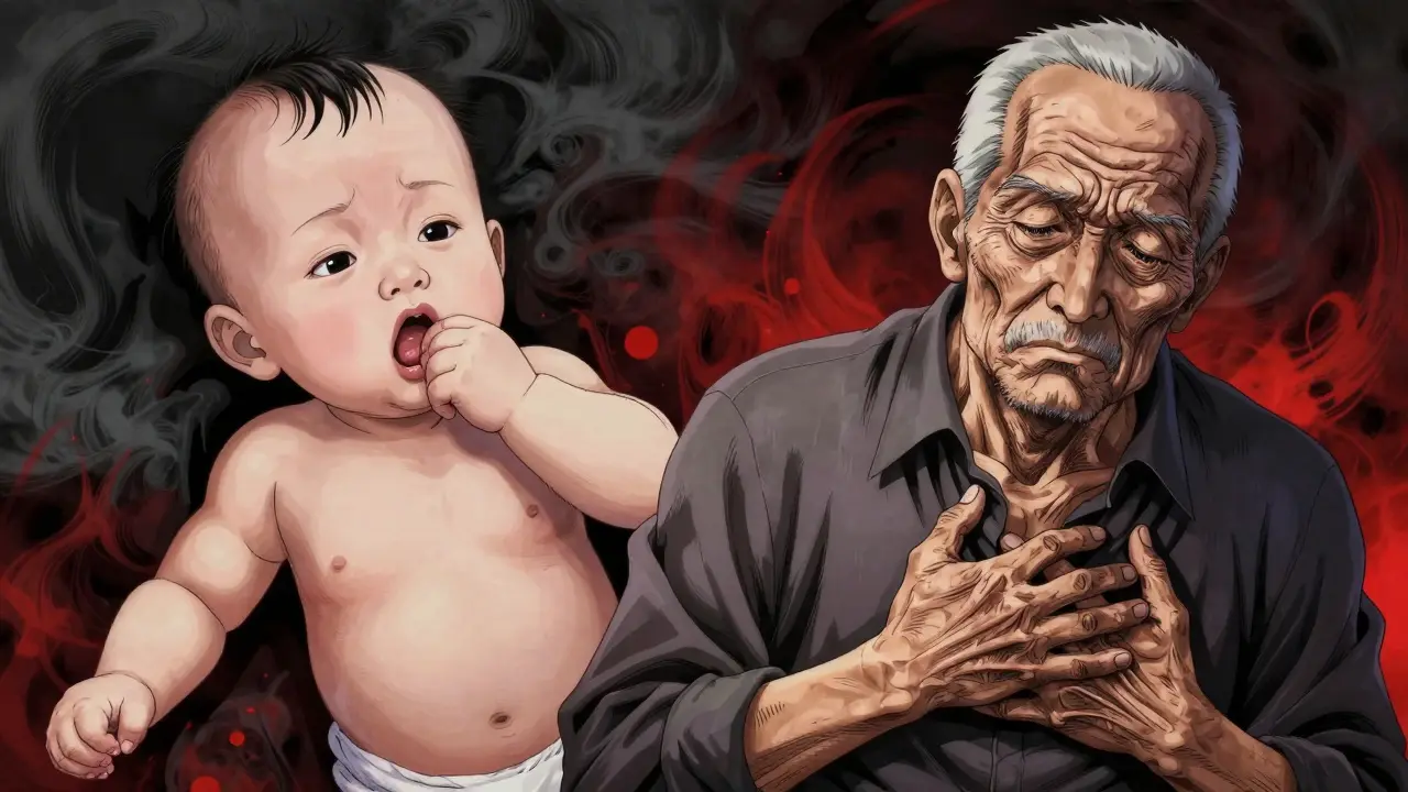 Split scene showing an infant and an elderly man struggling to breathe with dramatic shading.