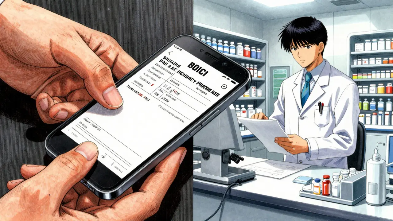 Split-screen showing a prescription upload and a pharmacist verifying the order.